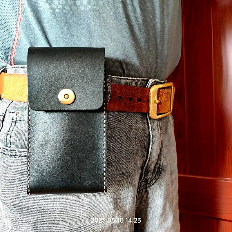 For Two Mobile Phones Waist Bag Belt Pack Hand-made Genuine Leather Sheath Phone holster for Men Iphone Huawei  OPPO  PGD