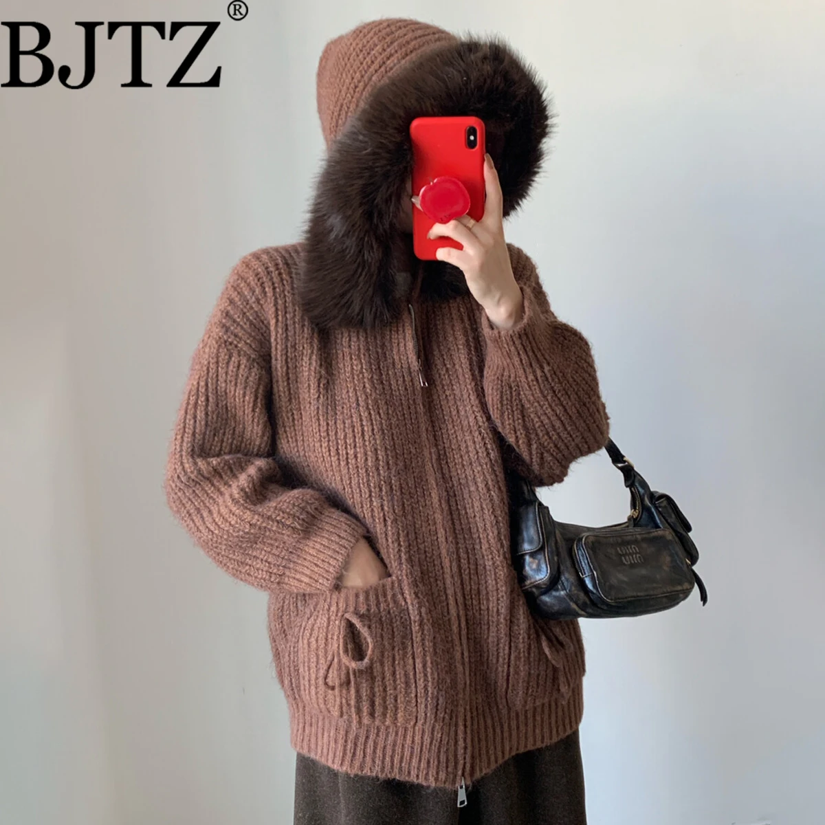 

BJTZ Women's Knit Jacket Detachable Hood Belted Asymmetric Collar Elegant Minimalist Casual Designer for Autumn Winter 2025