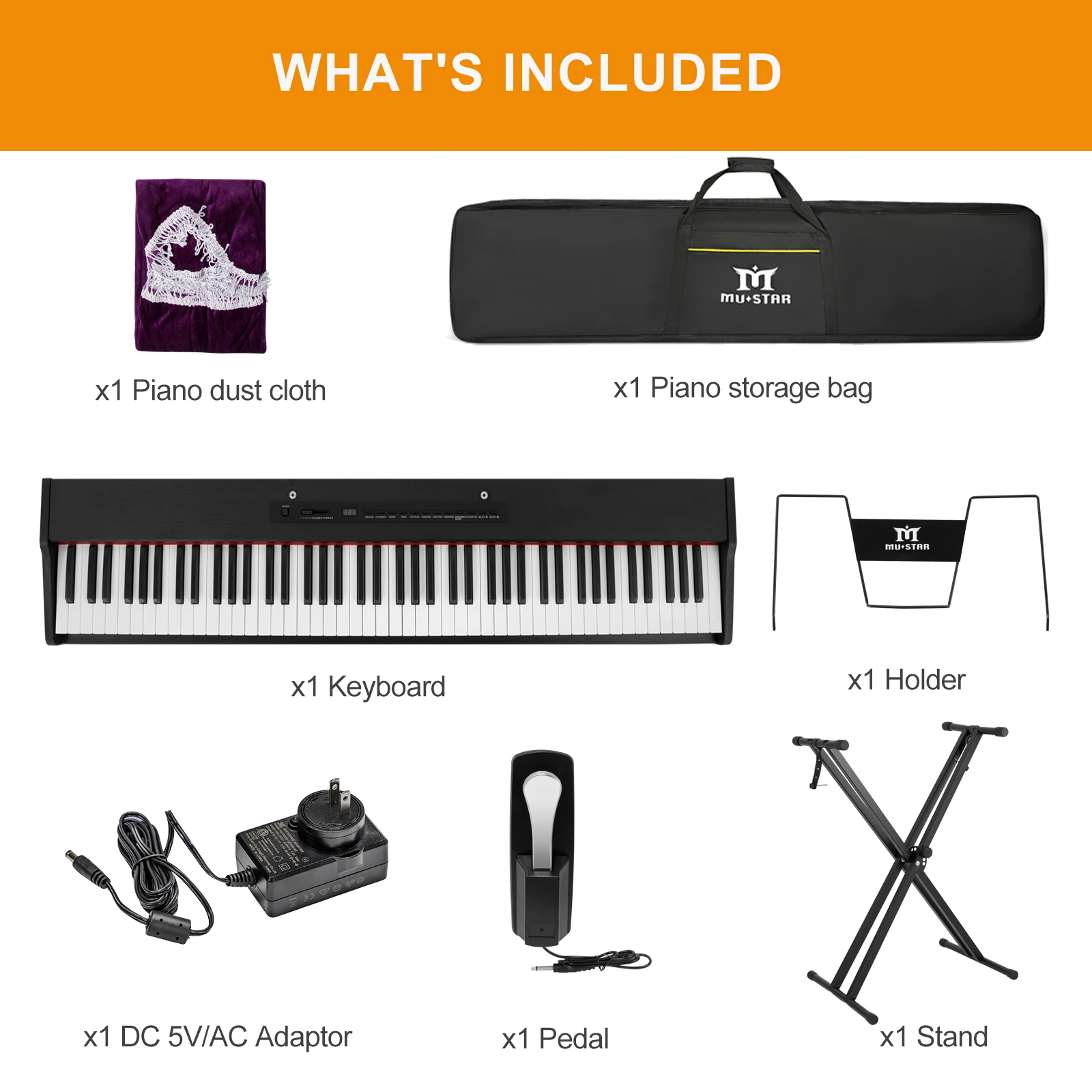 MUSTAR 88 Key Piano Keyboard Semi Weighted, Portable Digital Piano with 800 Tones, 600 Rhythms, 80 Demo, Height-Adjustable Stand, Carrying Case, USB MIDI, Wireless Connection, Sustain Pedal