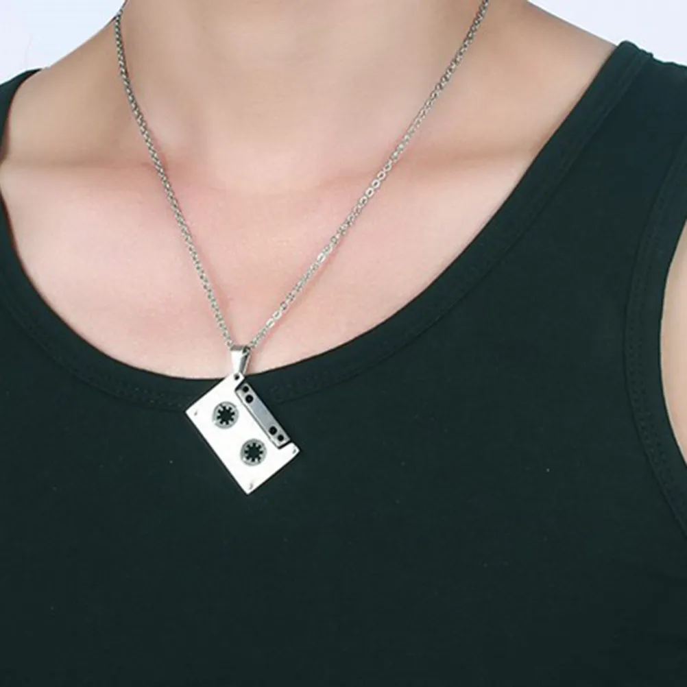 Mens Hip Hop Titanium Steel Music Cassette Tape Pendant Necklace Cool Fashion Accent Jewelry Best Gift for Husband Son Dad Teens