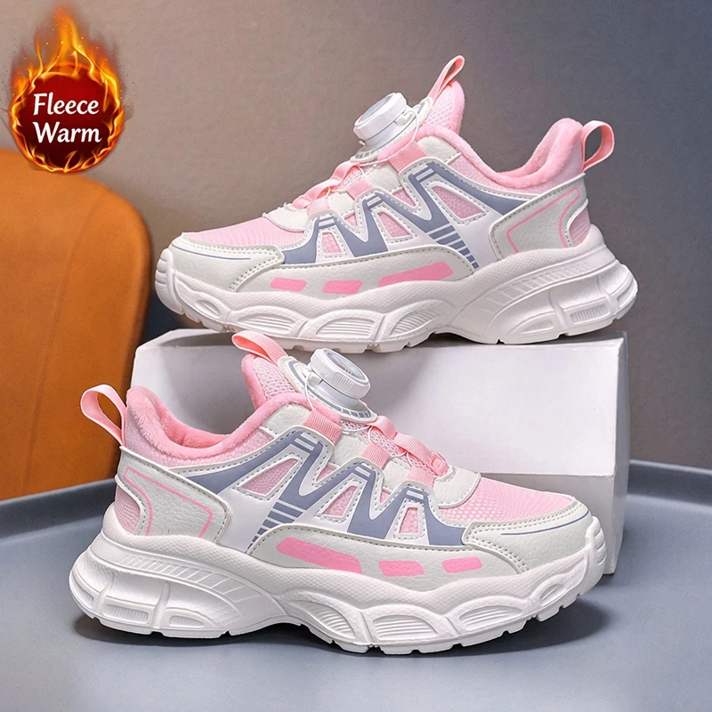 Fashion Girls Winter Warm Cotton Sneakers Leather Upper Rotating Buckle Anti-slip Lightweight Kids School Sports Running Shoes