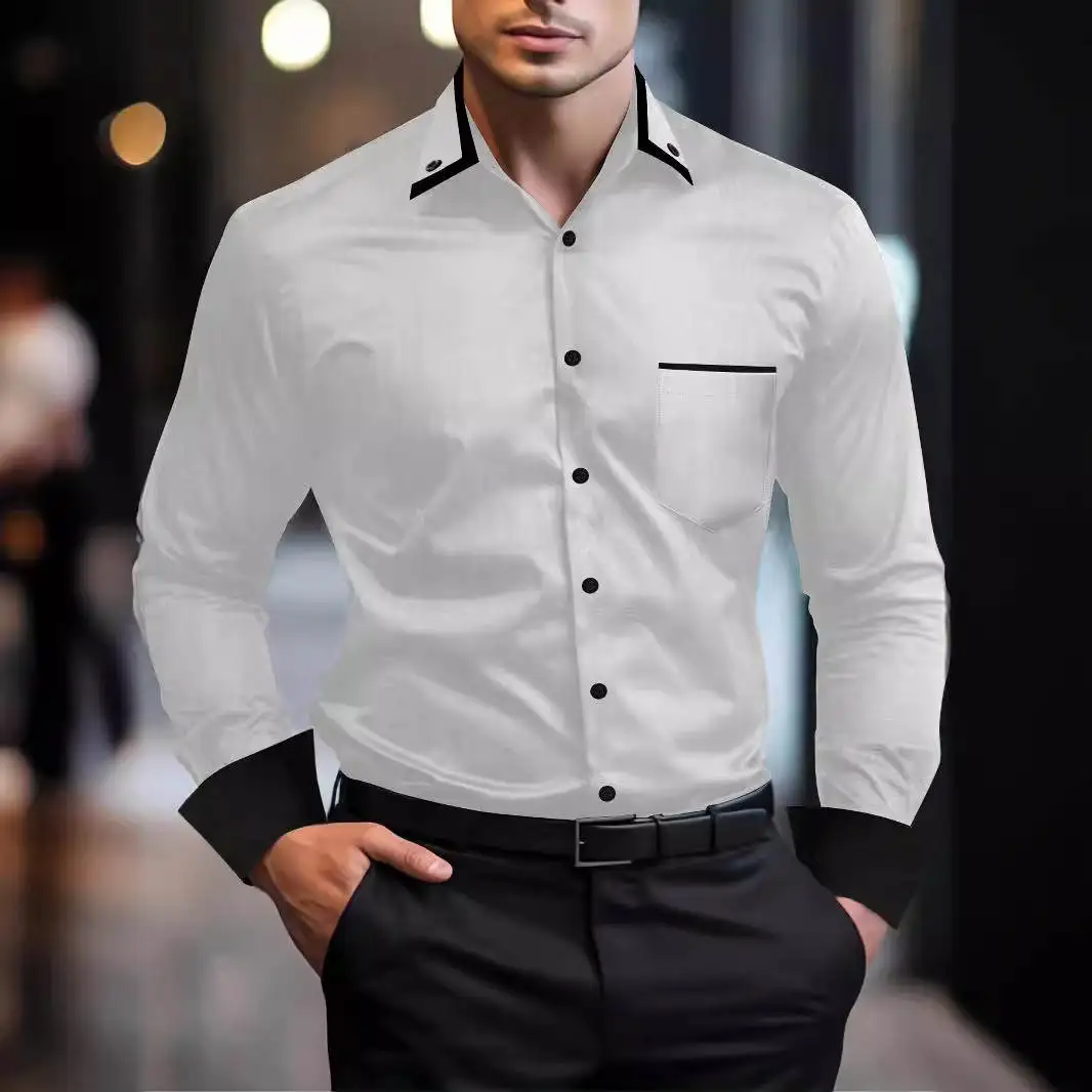 

Loose Long Sve Busin Casual Men's irt Color Blo Design Summer Faion PU Leather Fabric Anti-Wrinkle M Top