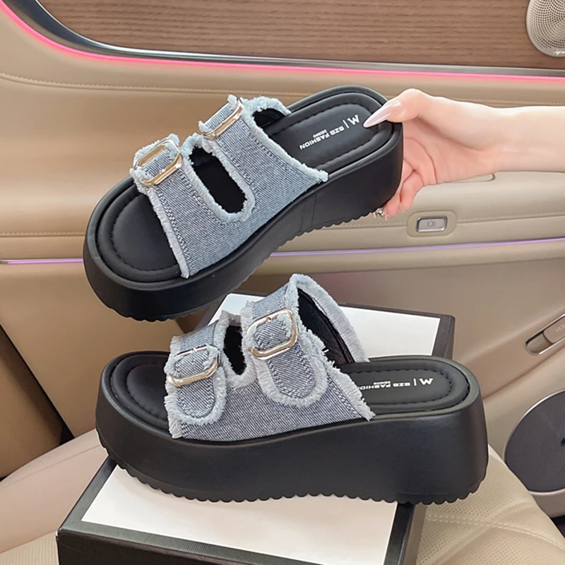 Summer Women Denim Frayed Double Buckle Strap Open Toe Chunky Platform Wedge Heel Slide Sandals Casual Slippers Shoes for Ladies