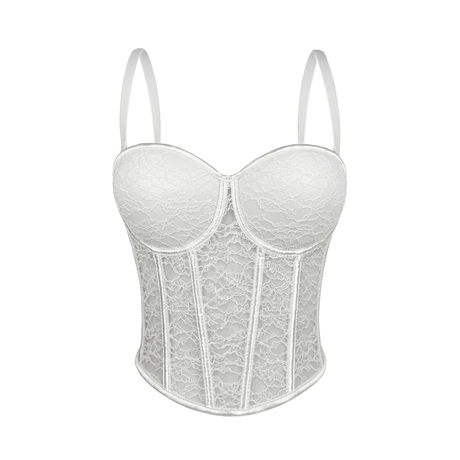 

Lace & Sheer Mesh Bustier Corset with Pads, Sexy Underwire Push Up Corset Top for Women, Waist Cincher Vest for Outerwear