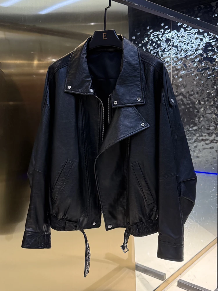 

Retro American Leather Jacket Women's Short Loose Style Spring Fashion Sheepskin Coat Casual Versatile Motorcycle Jacket