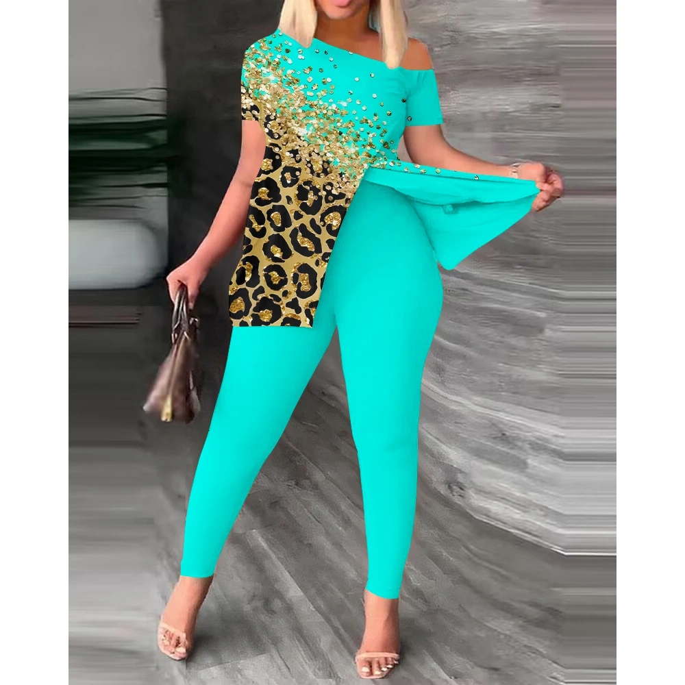 

Women's Leopard Print Skew Neck Slit Top and Pants Set, Casual Summer Outfits, Female Short Sleeve, 2 Piece Suit Sets, New