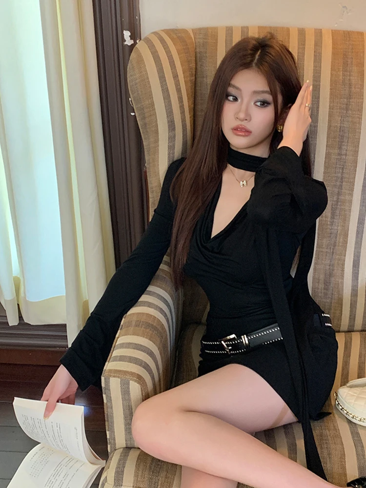 Fall Winter Women Shoujo Girl Mini Dress Korean Long Sleeve Dark Academia Frock 2000s Y2k One-Piece Gyaru Coquette Hot Kpop Club