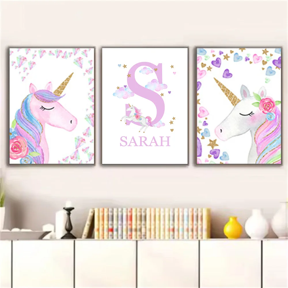 Cartoon Unicorn Wall Art Prints Baby Nursery Poster Purple Personalized Custom Name Canvas Painting Picture Kids Room Decoration