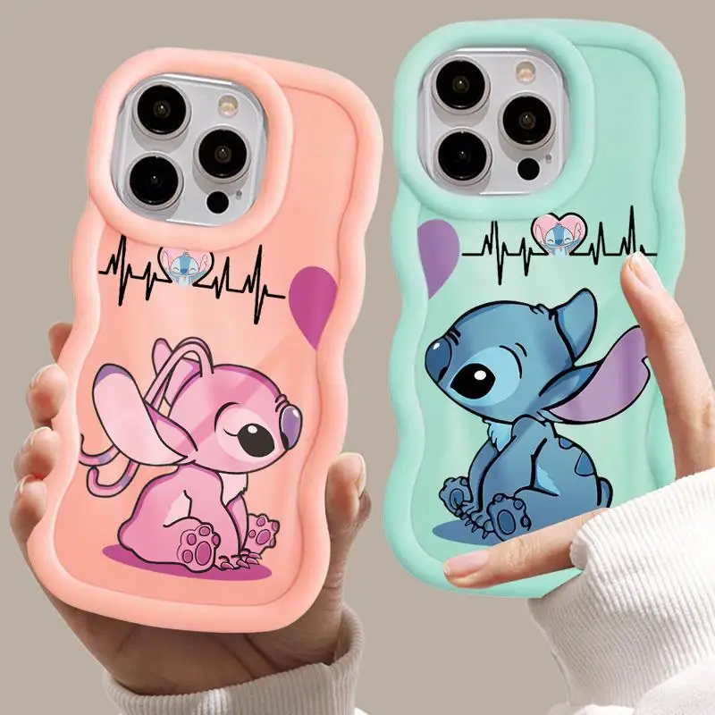 Luxury Disney Love Couple Angel Stitch Heartbeat Macaron Waves Phone Case for iPhone 15 14 13 12 11 pro Max XS XR X 7 8 Cover