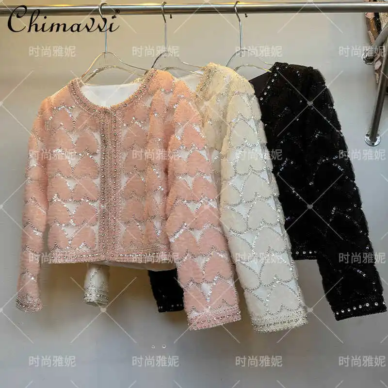 Autumn New Heavy Sequined Beads Women's Peach Heart Shape Long Sleeve Short Coat Skirt High Street Women's Two-piece Skirt Set