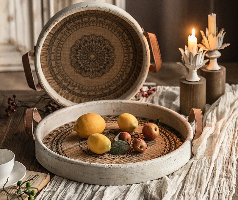

Bohemian solid wood round tray Japanese retro homestay dim sum snack plate household storage decorative ornament