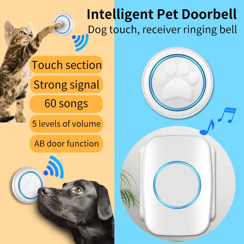 CACAZI Pet Dog Bells for Training To Go Outside Waterproof Dogs Bell Chime 60 Melodies 5 Volumes Touch Button Wireless Doorbell