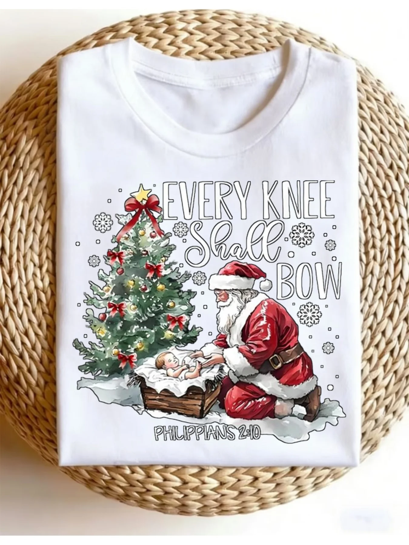 Every Knee Shall Bow Santa Christmas Nativity Scene TShirt Casual Crew Neck Tee with Santa Print Regular Fit Holiday Apparel for Adults Christmas Shirtsi0Women's Round Neck Top, Casual and Versatile.