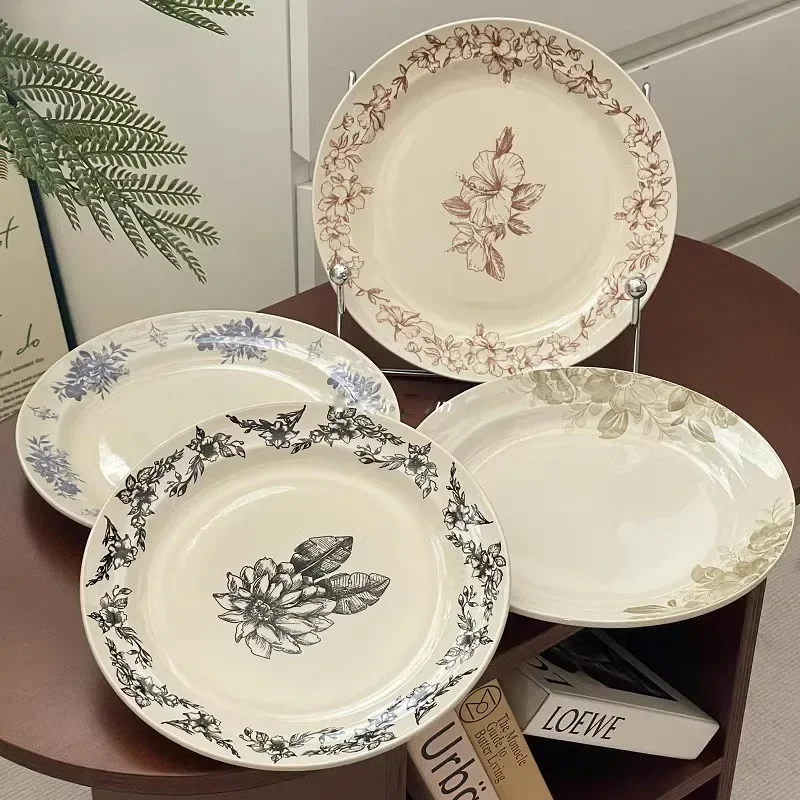 AhunderJiaz Vintage French Floral Ceramic Plate Retro Cake Dessert Plate Western Food Plate Kitchen Tableware Set Dinner Plates