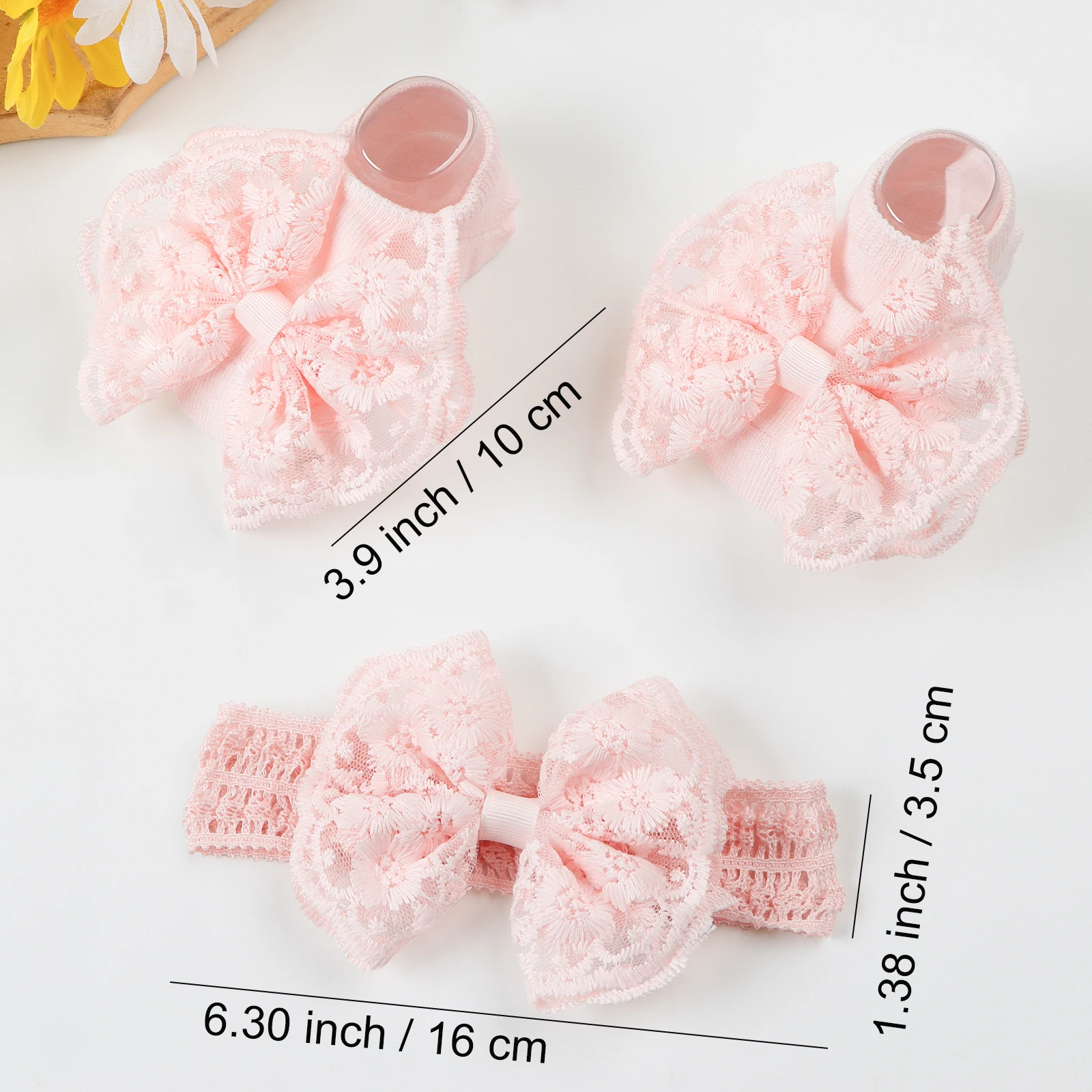 2Pcs Baby Embroidery Lace Bow Decor Headband Socks Set Princess Lace Bowknot Elastic Hair Band Anti-Slip Floor Socks for Newborn