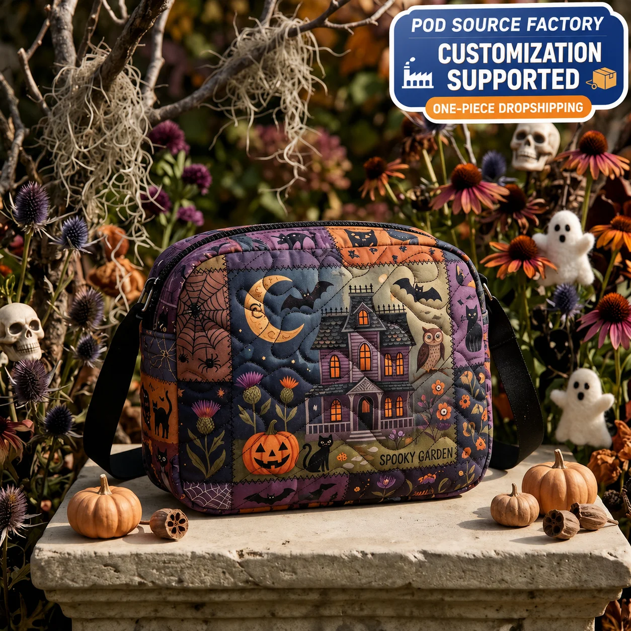 Soft Shoulder Bag Quilted Halloween Shoulder Bag Horizontal Square Bag Printed For Dating Halloween Look Women