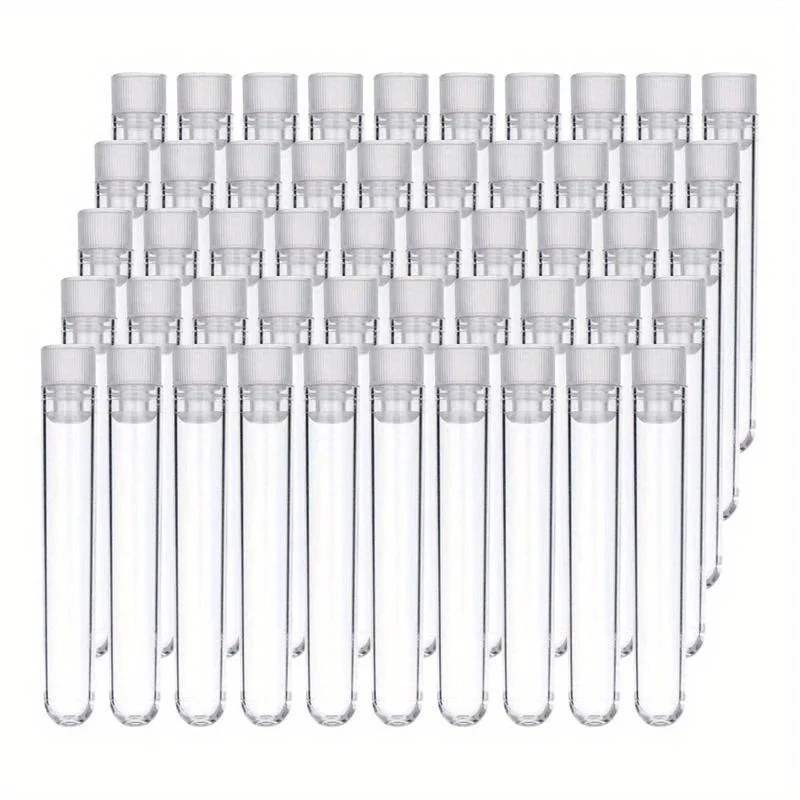 50Pcs Clear Plastic Test Tubes with White Screw Caps Sample Containers Bottles Push Caps 12X75mm