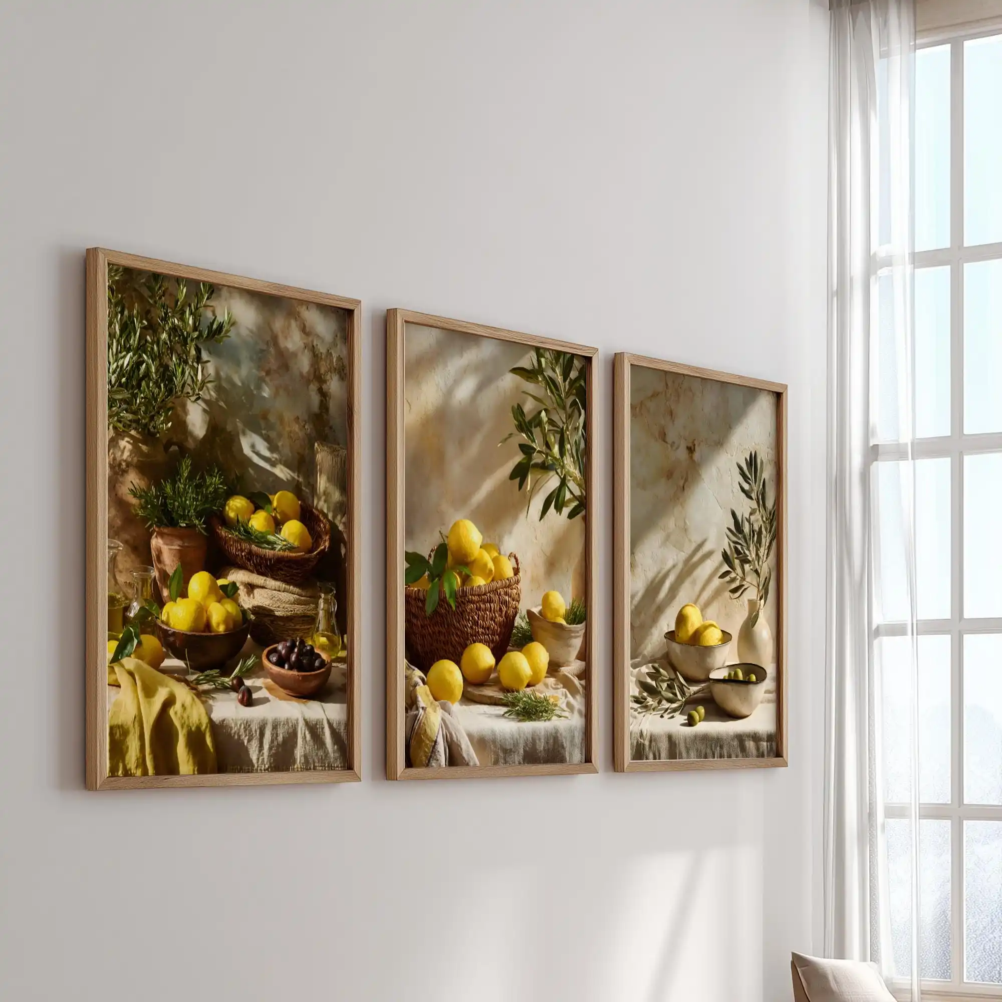 3PCS frameless decorative art print,Neutral Lemon Olive Canvas Prints, Mediterranean Still Life Wall Art, Muted Tone Farmhouse P