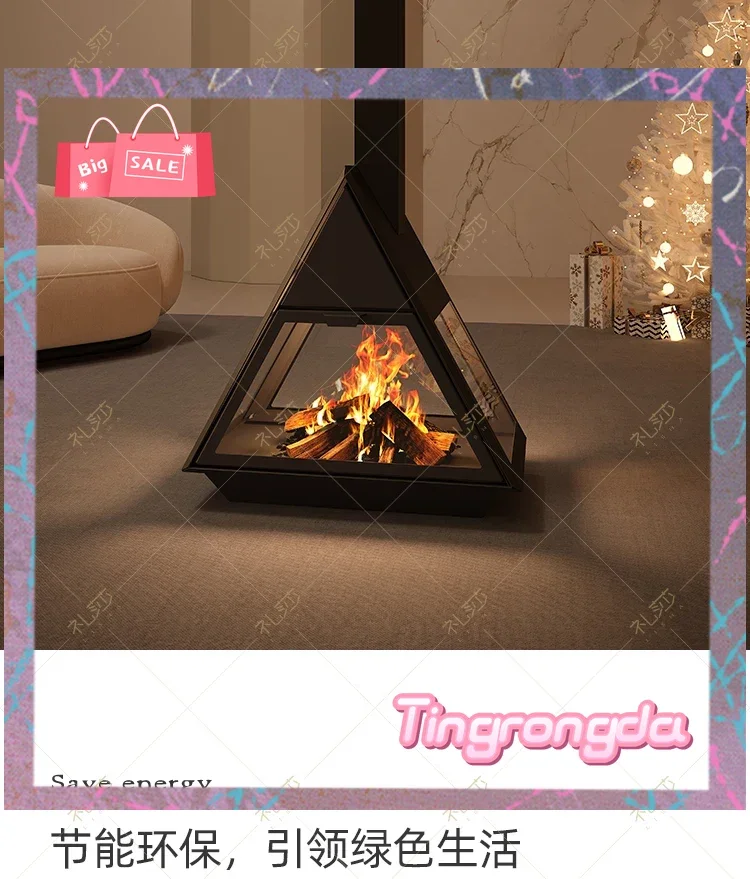 CC High-end custom triangular art fireplace, hanging real fire special-shaped fireplace burning wood household heater
