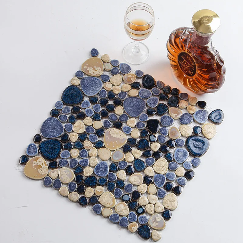 Blue Beige Pebbles Fambe Glazed Ceramic Mosaic Tile for DIY Table Cabinet Bath Floor Swimming Pool Decor Wall Sticker Floor Tile