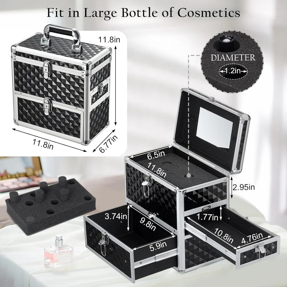 Lockable Nail Polish Organizer Case with Mirror, Drawers & 28 Slots - Portable Makeup Storage Box