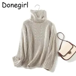 Donegirl Women 2024 Autumn New Fashion High Collar Striped Knitted Sweater Pullovers Loose Versatile Turtleneck Tops Jumper Chic