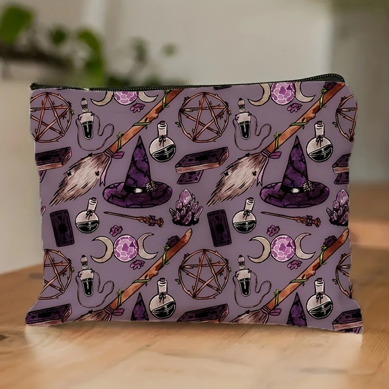 1pc Dark Purple Magi Theme Makeup Bag  Chic Halloween Lightweight Foldable Travel Storagewith Witches' Hats,Cosmetic Bag