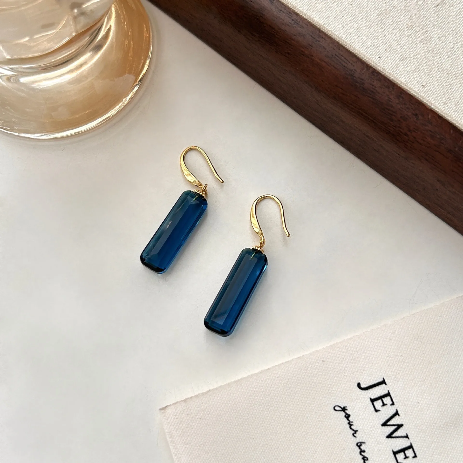 High-end design deep sea blue transparent glass crystal earrings simple fashion rectangular long earrings women
