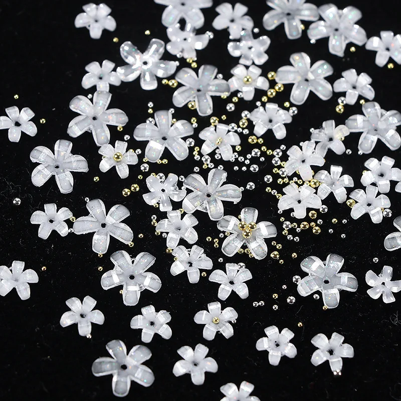 1 Pack 3D Acrylic Five-petaled Flowers Nail Art Charm Accessories With Tiny Steel Caviar Beads Nail Decoration Supplies Material