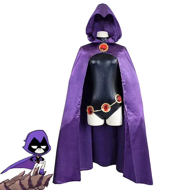 Costume de Cosplay pour adolescents Titans Raven, combinaison Cape de super-héros Zentai Halloween, vêtements serrés, Cape, chaîne de bijoux de taille