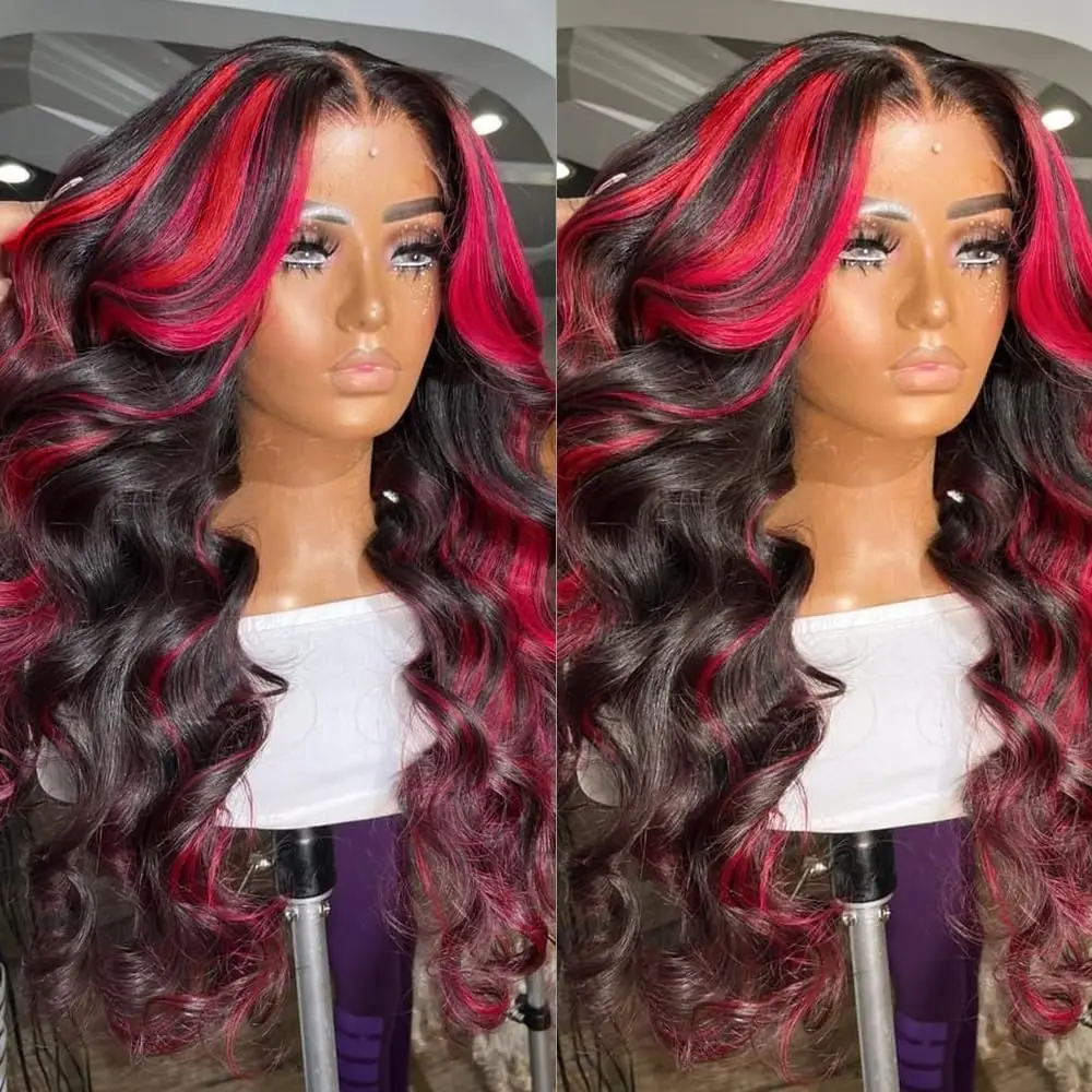 HDレースフロント人毛レッドハイライトレースフロントウィッグ女性用ボディウェーブミドルパートロングヘアウィッグ5x5 HDグルーレスレッド