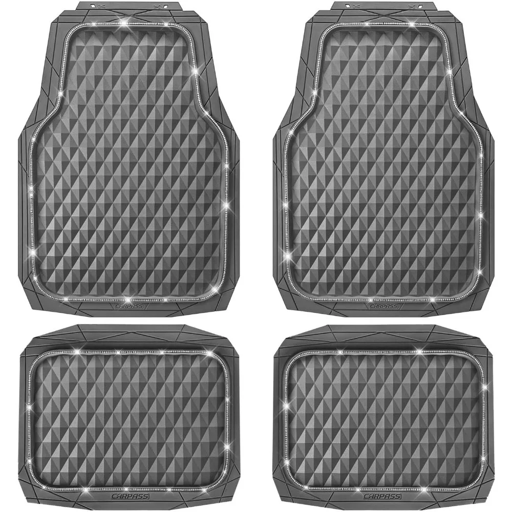 

Bling Diamond Rubber Car Mats Heavy Duty Deep Dish All-Weather Anti-Slip Waterproof Universal Glitter Gray