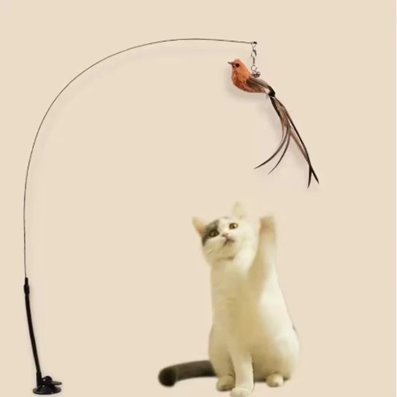 Katzenspielzeug, Katzen-Selbstspielzeug, Feder-Saugnapf, Katzen-Stick mit Glocke, Vogel-Ersatzkopf, Bissfest, Haustier-Spielzeug für Katzen und Hunde – Detail 4
