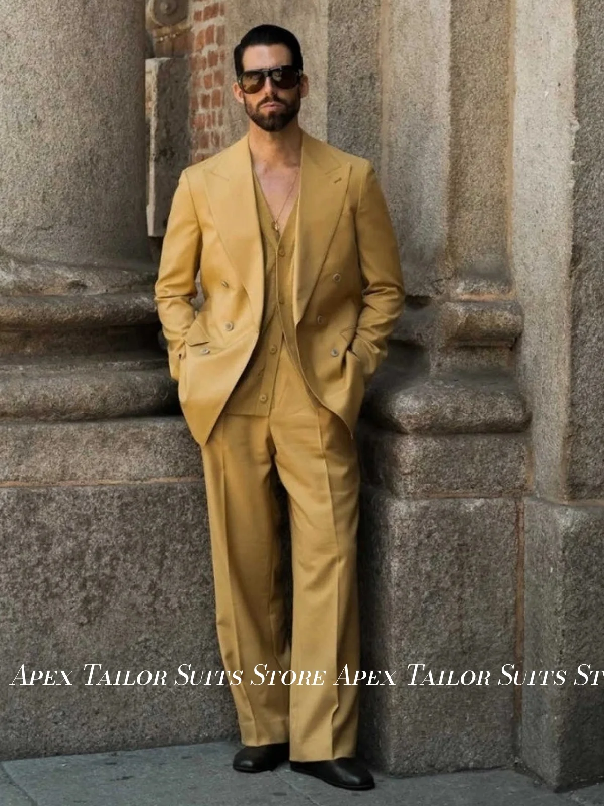 Men 2 Pieces Suit Yellow Double Breasted Wide Peak Lapel Blazer Wide Leg Trousers Italian Style Business Wedding Gentleman Suit