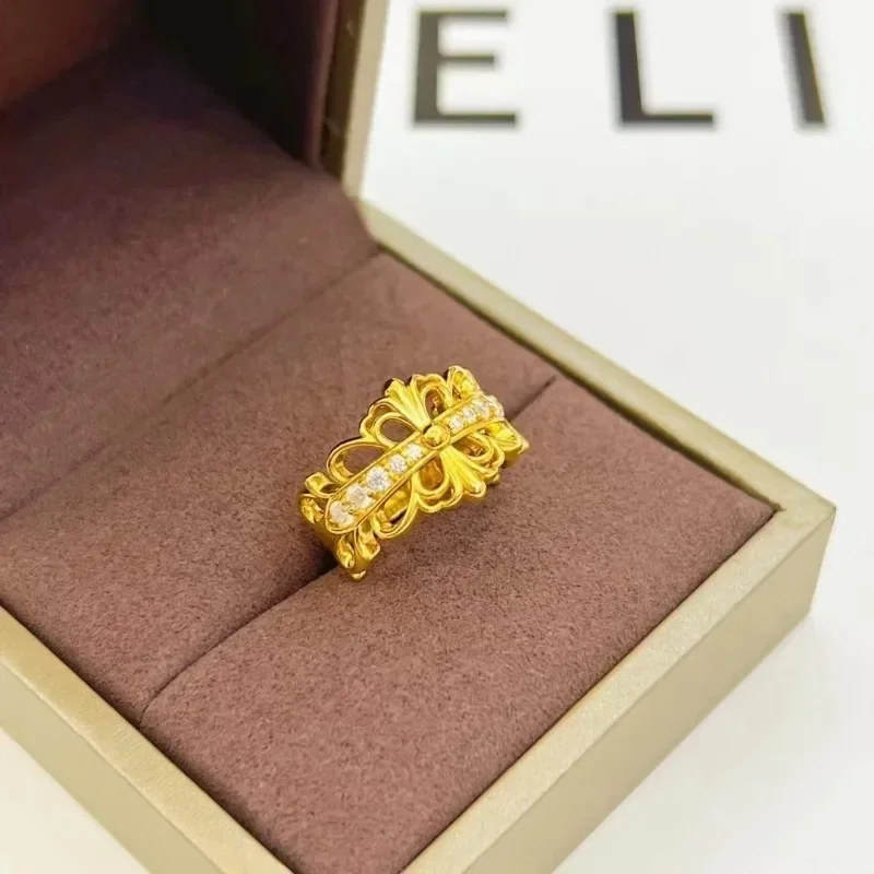 Eldorado Gold   Eldorado 2025 2025High-quality Gold 9999 Cross Ring 24k Real Gold INS Style Diamond Finger Ring Women Fashion Ne