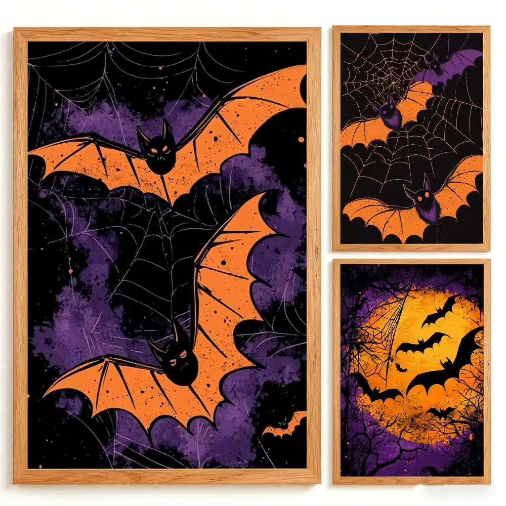 Halloween Bat and Jack O lantern Painting Calligraphy Stylish Canvas Poster Wall Art for Living Room Bedroom Office Home Decor