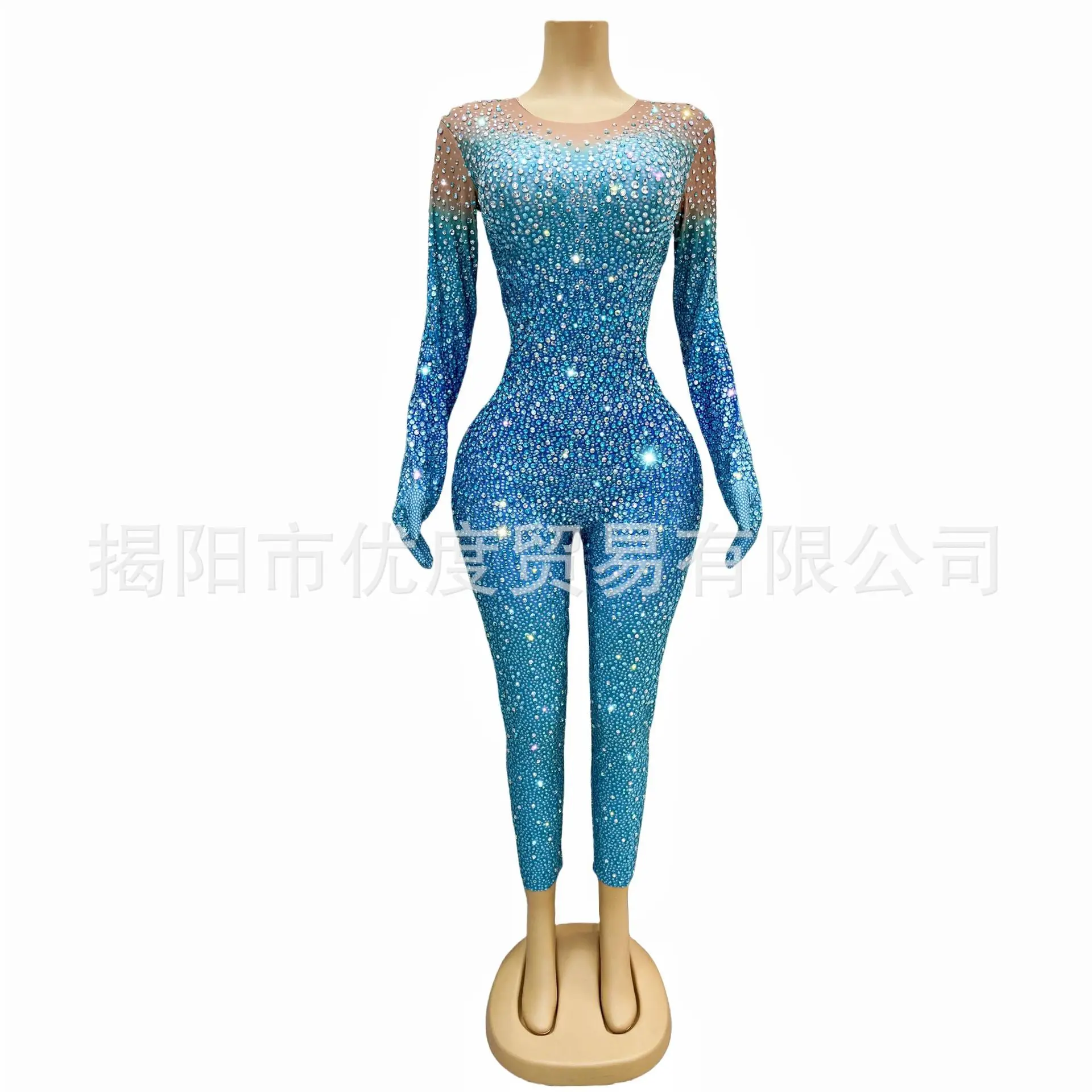 

Sexy Blue Gradual Change Rhinestone Jumpsuit Party Dress Shiny Blue Dragon Scales Vestido De Gala Maxi Dresses For Wedding Guest