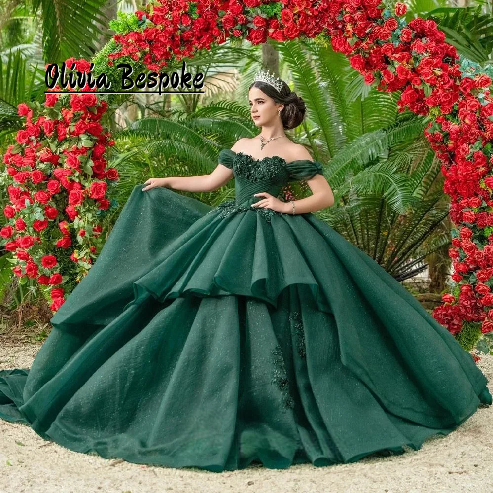 

Dark Green Puff 15 Years Quinceanera Dresses Beaded Lace Applique Ball Gown Ruffles Graduation Party Dress Customized