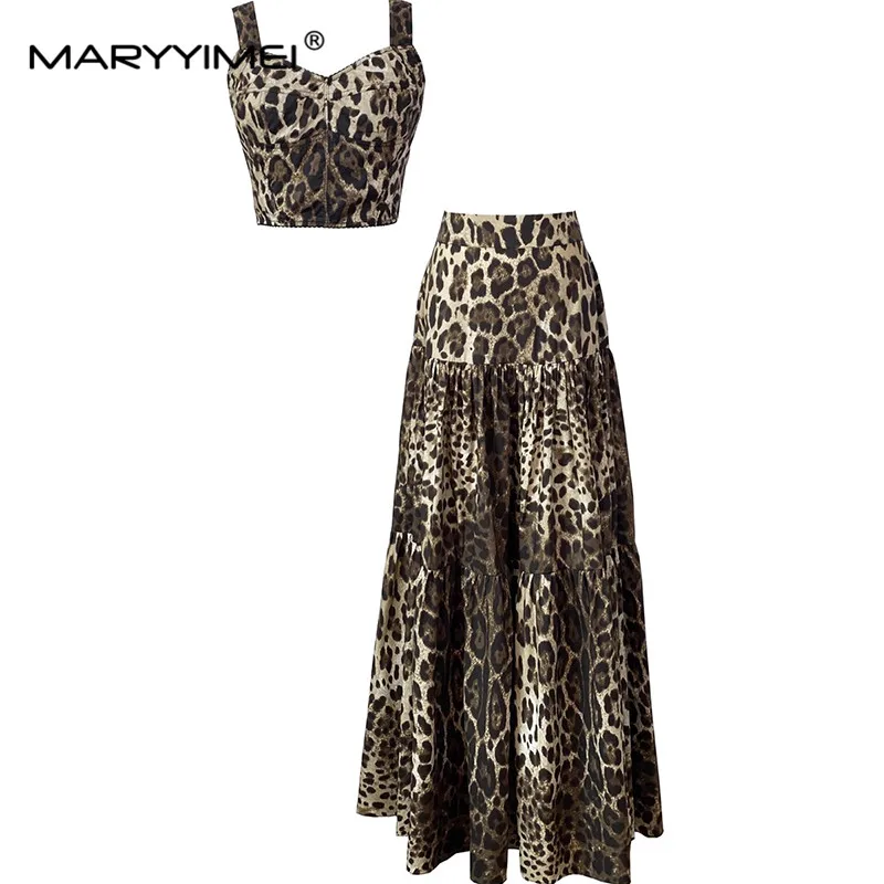 MARYYIMEI Spring Summer Suit Women\'s Turn down Collar Long sleeved Silk Shirts Top＋Cotton Leopard Print Skirts Two Pieces Set