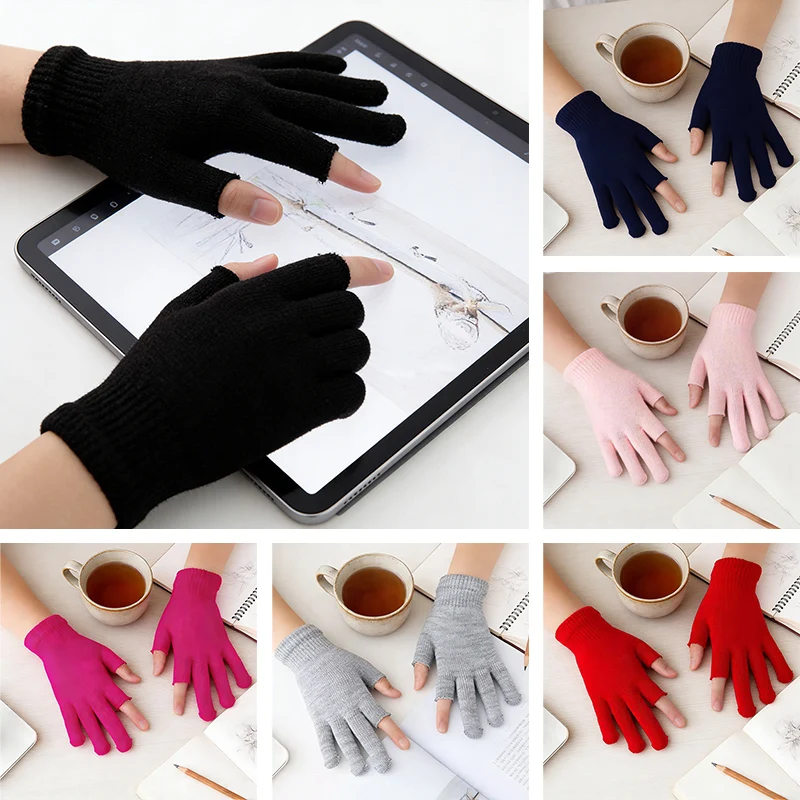 Autumn and Winter Warm and Cold-Proof Knitted Touch Screen Gloves for Men and Women with Two-Finger Exposed Design