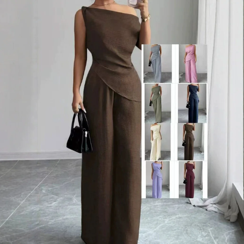 2026 New Stylish & Sophisticated Two-Piece Set: Solid-Color One-Shoulder Sleeveless Top and Wide-Leg Trousers