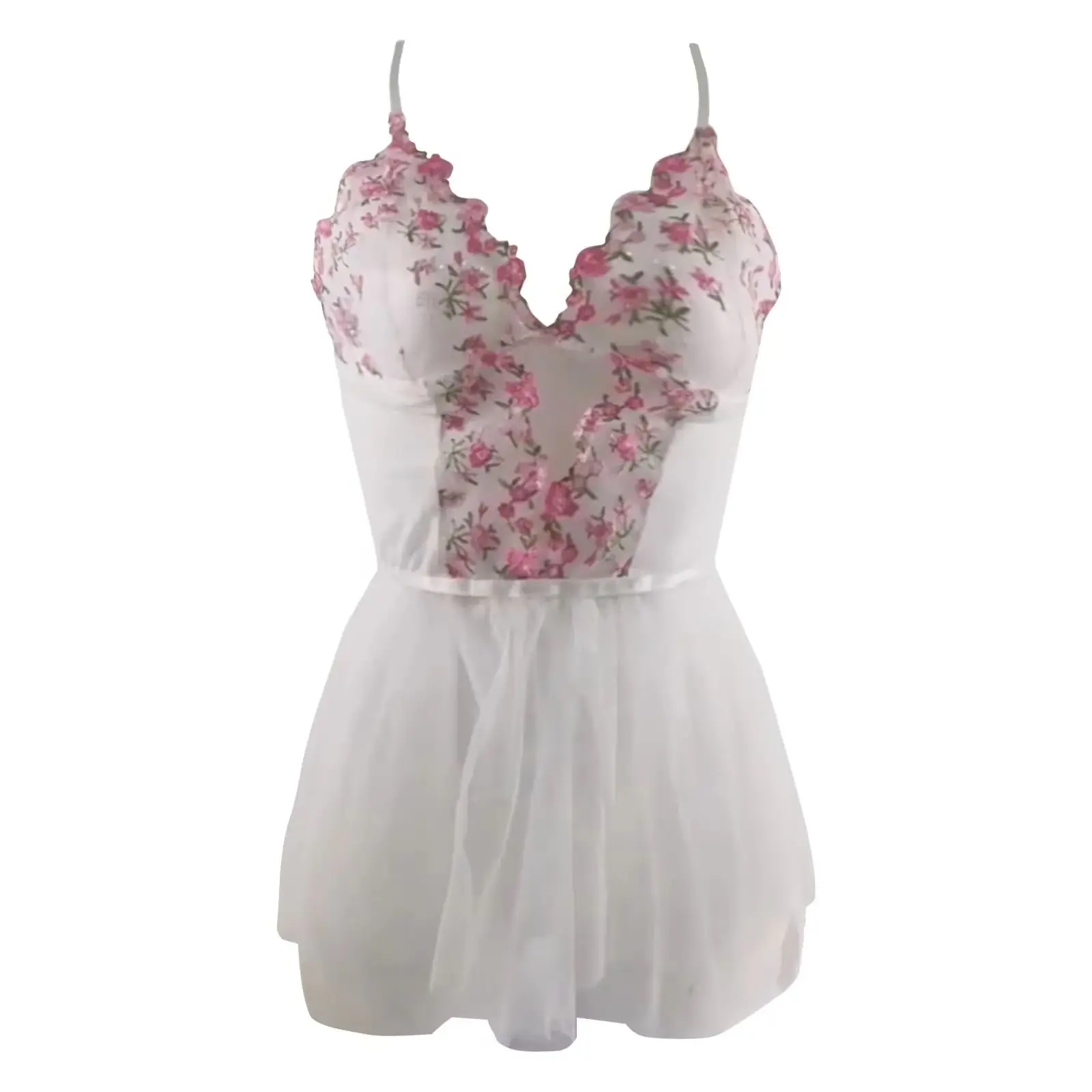 Women's Sexy White Mesh Lingerie Sheer Pink Flower Embroidery Spaghetti Strap Nightgown Valentine's Day Transparent Underwear