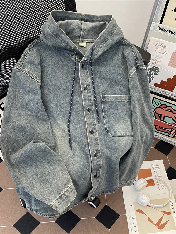 

Джинсовая куртка с талией в стиле ретро для мужчин, свободная посадка, весенне-осенняя рабочая одежда с капюшоном, топ, американская модная брендовая повседневная верхняя одежда