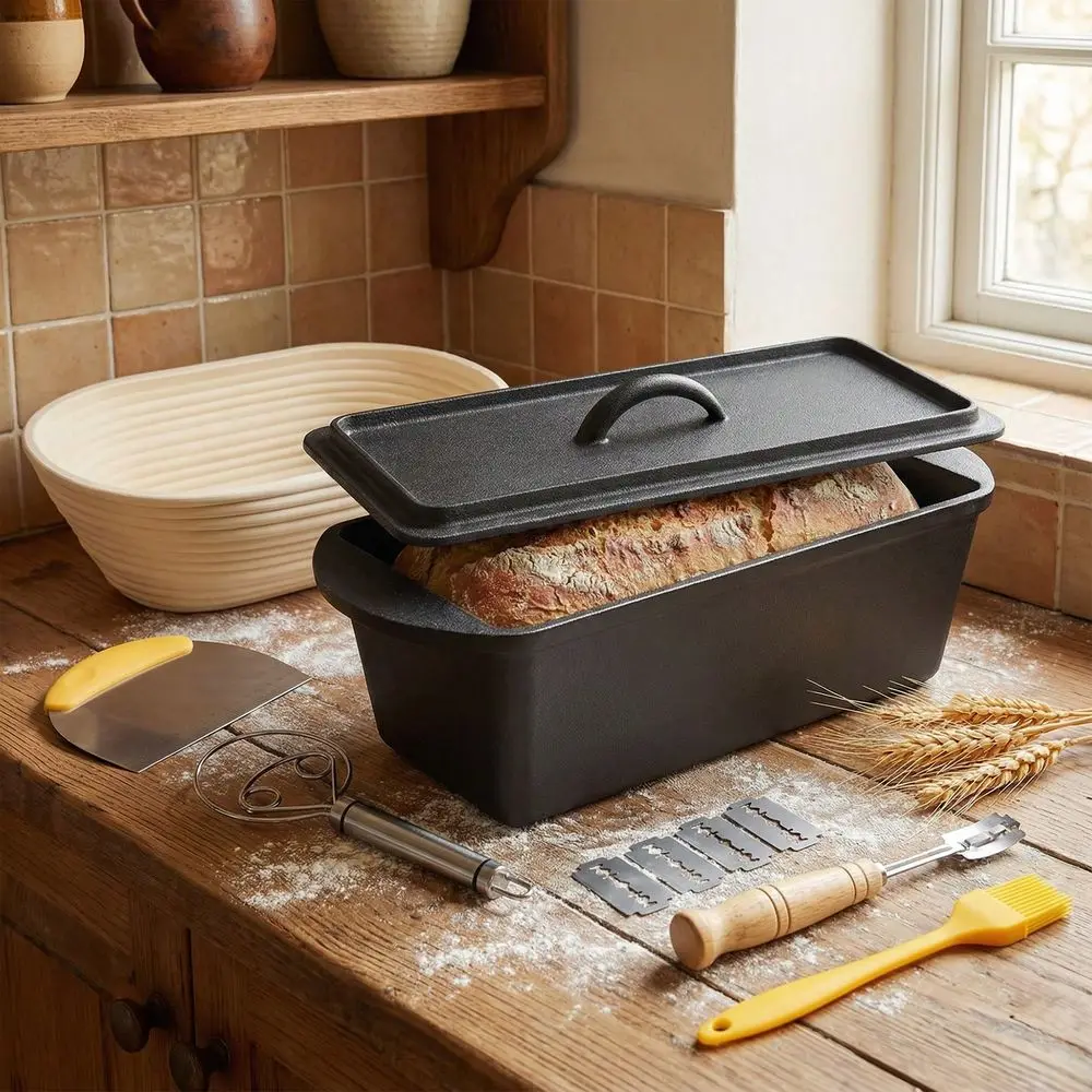 3.2QT Rect Cast Iron Dutch Oven Bread Baking Set, NonStick Sourdough Loaf Pan With Bread Tools Kit, Fermentation Basket Dough S