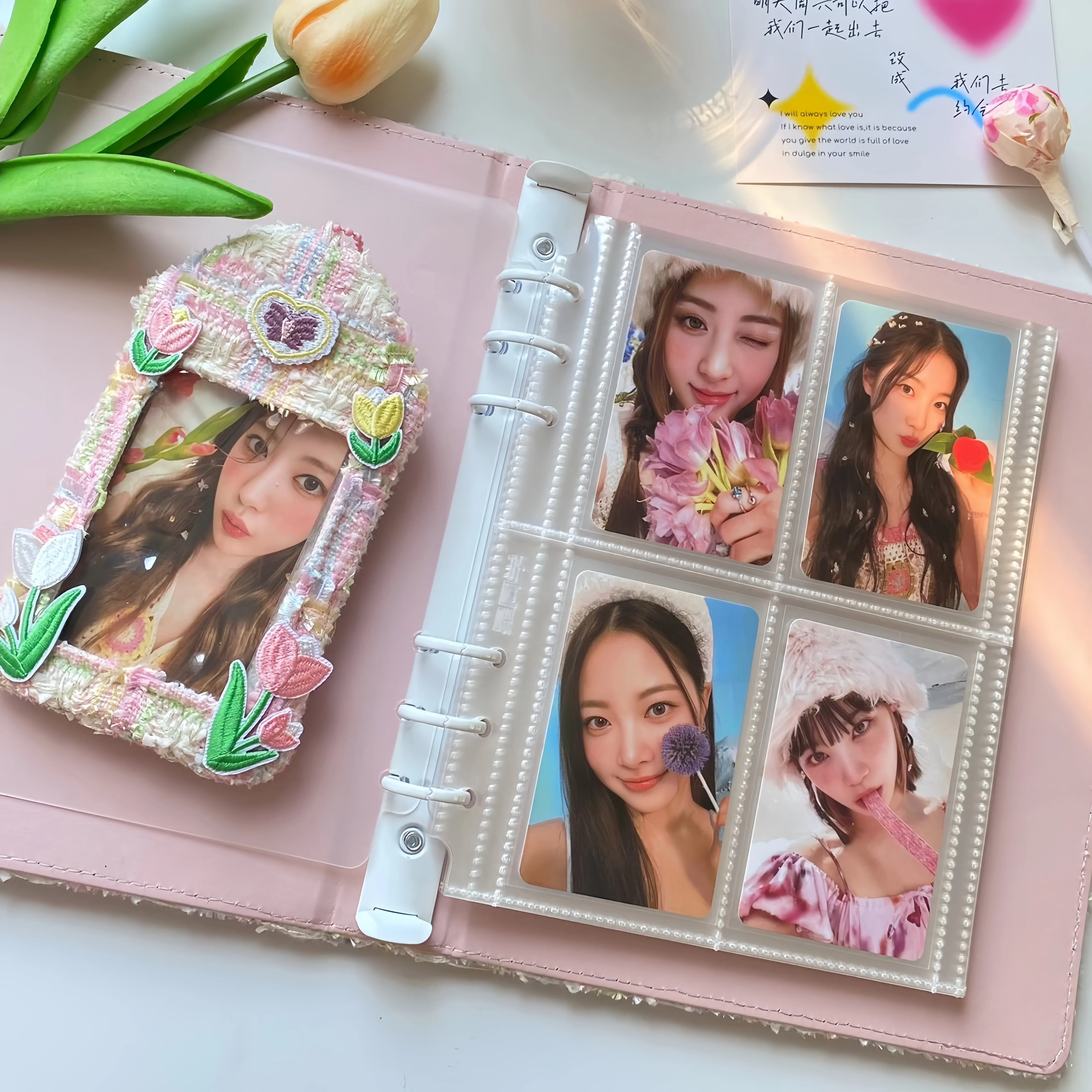 Tulip Embroidery A5 Binder Photocard Holder Kpop Idol Photo Album PU Photocards Collect Book Cards Storage Kawaii Stationery