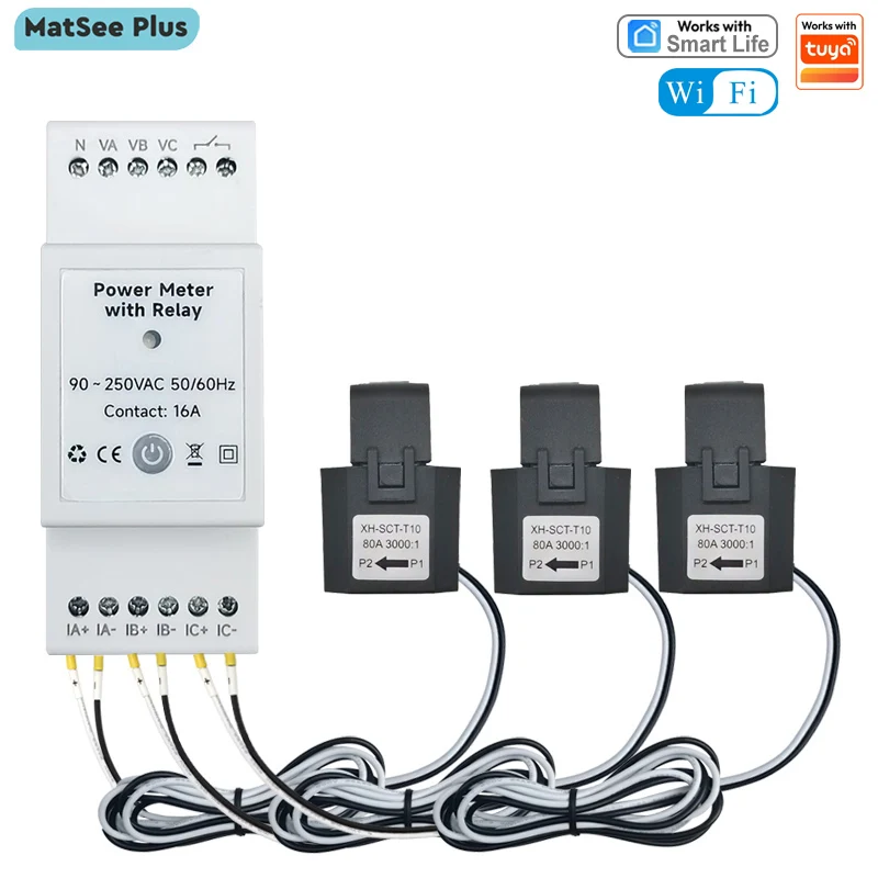 Smart Life 3 Phase WiFi Energy Meter with 80A CT Bidirectionl Monitor Power Consumed and Electricity Statistics Export Data
