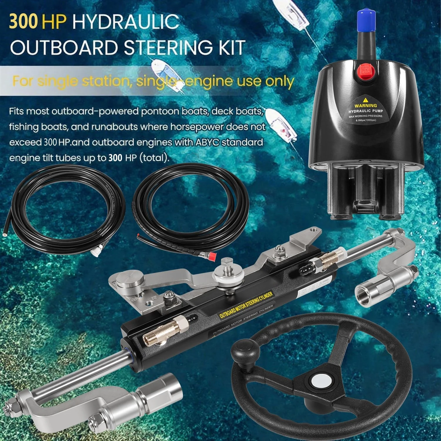 300HP Marine Hydraulic Steering Kit with Steering Wheel - for Single Station, Single-Engine use Built-in Two-Way Lock Cylinder