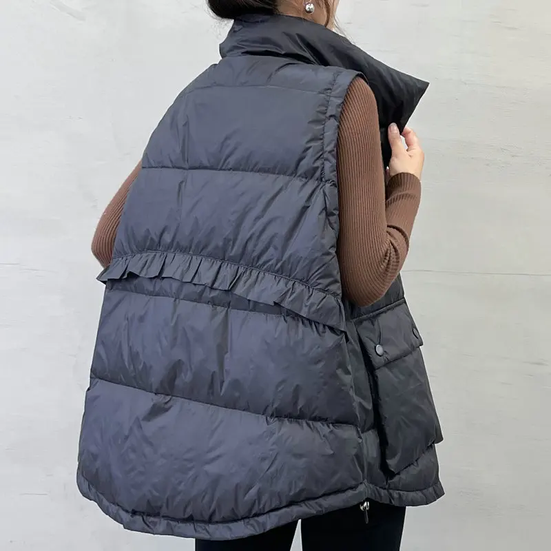 Schinteon-Chaleco de plumón de pato blanco para mujer, chaqueta holgada sin mangas con cuello levantado, abrigo superior con volantes, talla grande,