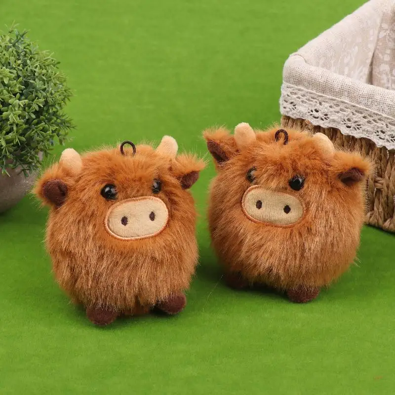 Portachiavi in peluche di mucca scozzese simulata delle Highland, ornamenti di animali di peluche, regali di fascino per borsa con ciondolo per bambola di peluche morbida Kawaii