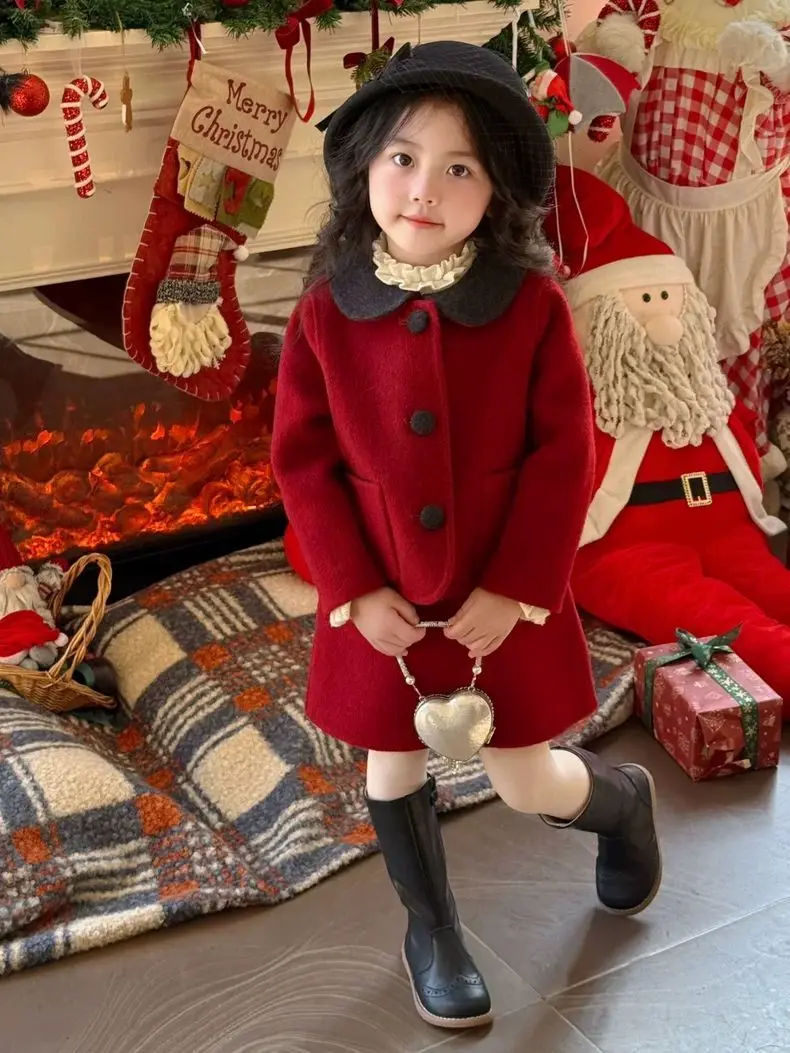Children Elegance Top Clothing Autumn Winter Girls Clothes Set Fashion Retro Red Coat Jacket+Sundress 2Pcs Suits Kids suit